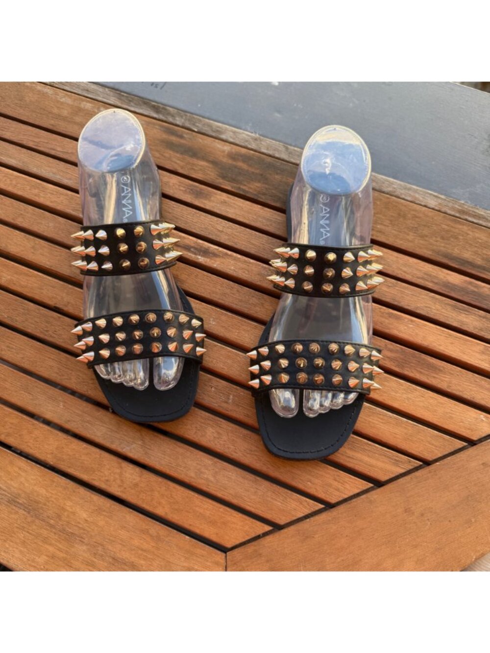 Black Spiked Sandals With Studded Straps By ANMA - Picture 2 of 5